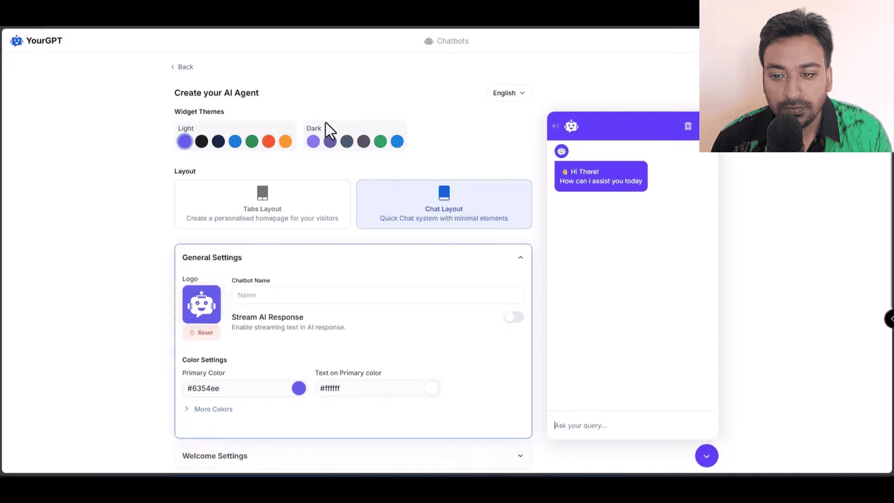 YourGPT 'Create your AI Agent' setup screen showing widget theme swatches, layout options and general settings with chat preview