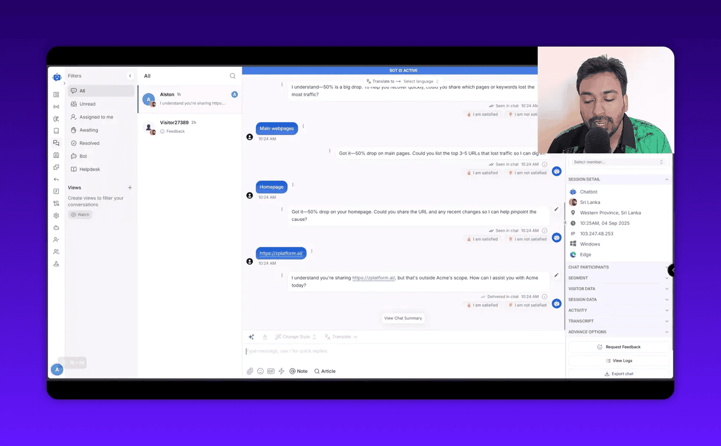 Detailed YourGPT conversation view showing message bubbles, 'View Chat Summary' and session detail actions like request feedback and export chat