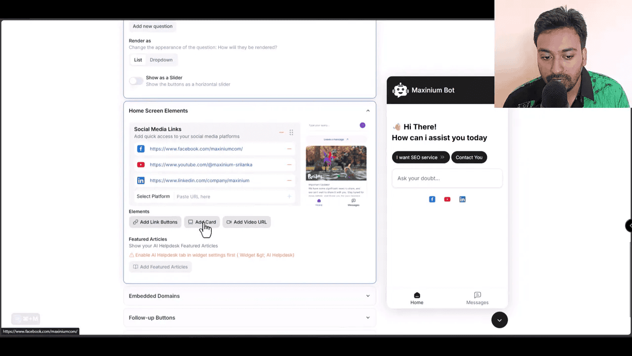 YourGPT home screen editor showing social media links, cursor on 'Add Card' and a chat widget preview on the right.