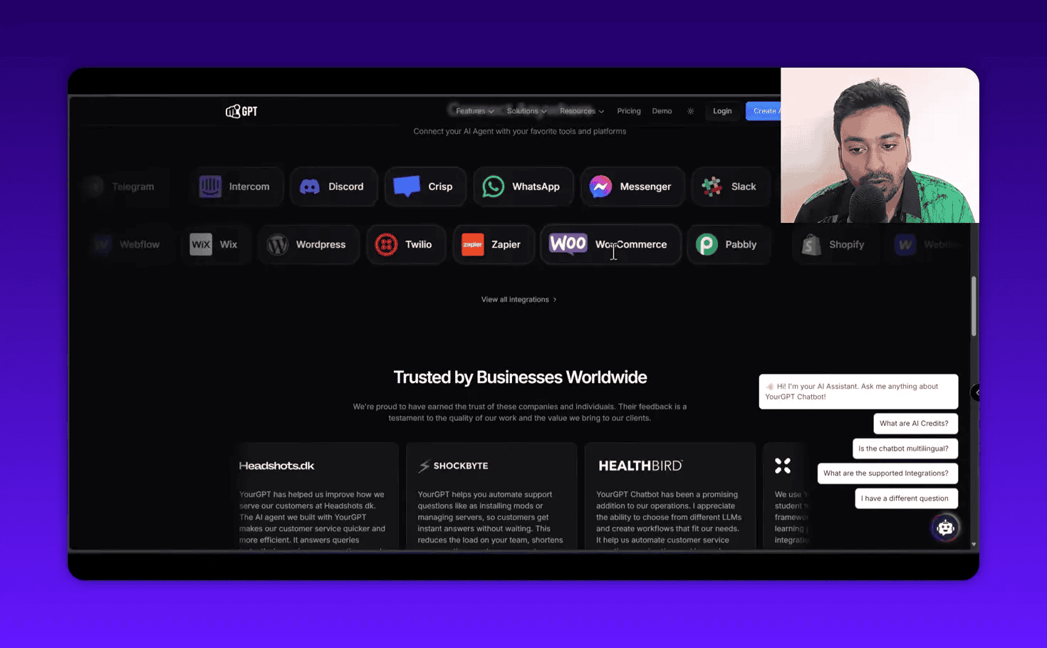 YourGPT integrations section showing platform and channel icons including WordPress, Twilio, Zapier, WooCommerce and Shopify, with the live chat widget and presenter video overlay visible.