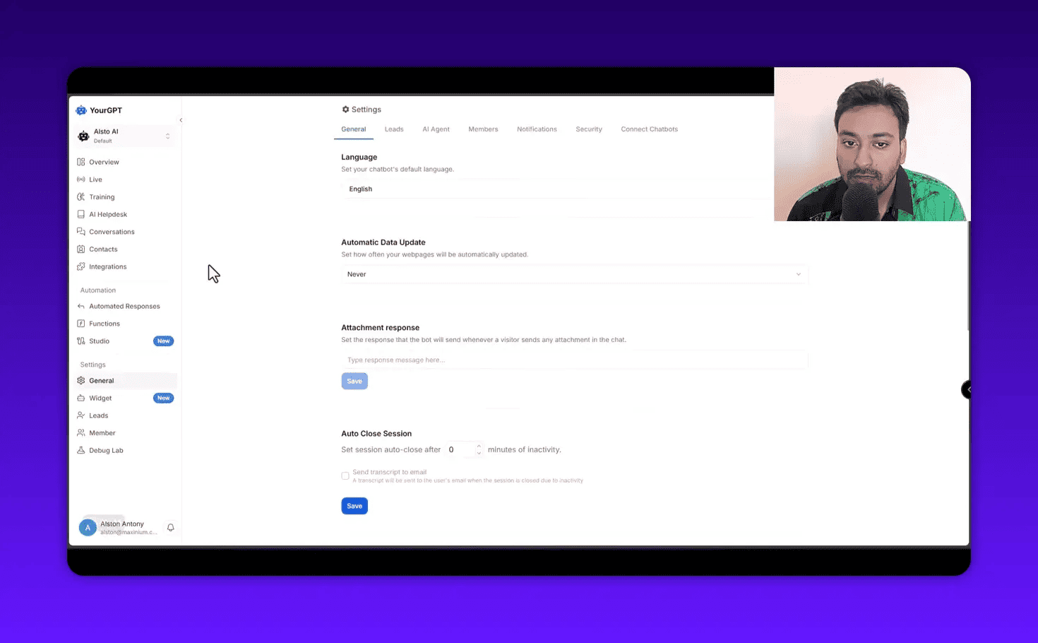 YourGPT settings — General tab displaying Language, Automatic Data Update and attachment response fields
