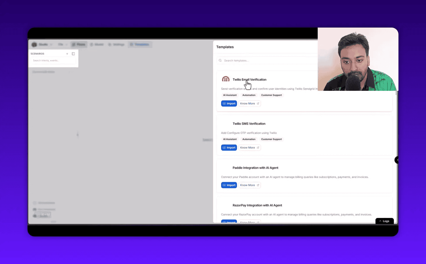 YourGPT Studio Templates list with specific templates (Twilio Email Verification, SMS, integrations) visible and presenter thumbnail in the corner
