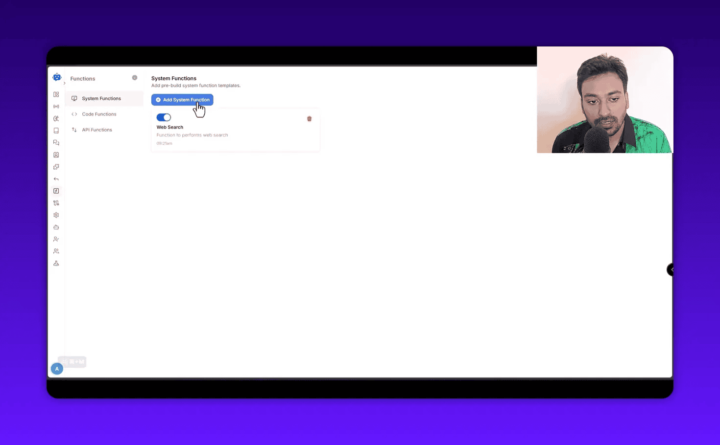 YourGPT System Functions screen with Web Search card visible and toggle switched on