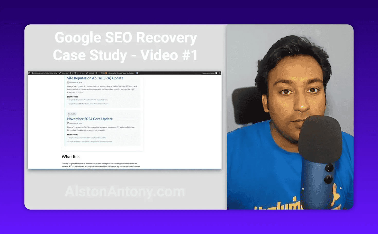 Clear screenshot of a Penalty Checker page with 'November 2024 Core Update' and 'Site Reputation Abuse (SRA) Update' visible, with the presenter and microphone on the right.