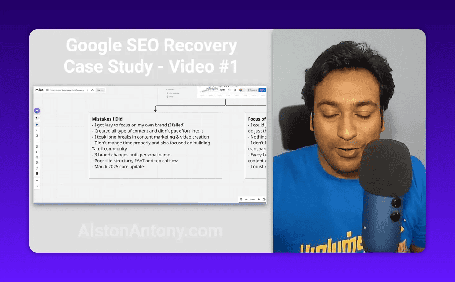 Presenter looking down thoughtfully beside a slide summarizing mistakes and the recovery plan
