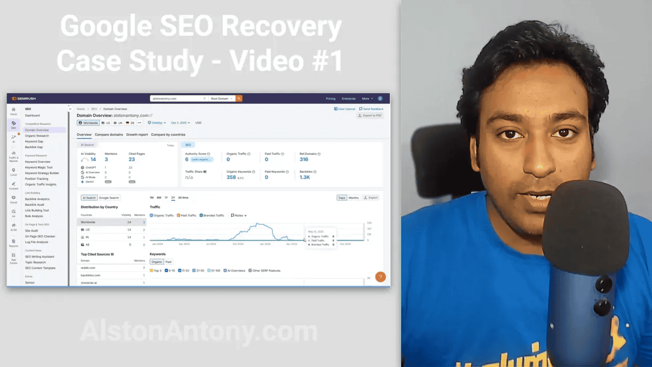 Third‑party SEO tool dashboard showing domain overview and traffic graph with the presenter at right.